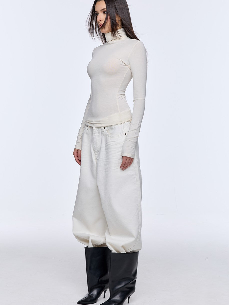 BUM STUDIO Beige Slim Cinched High Neck Women's Modal Wool Blend Long Sleeve T-shirts