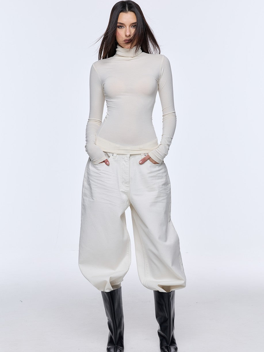 BUM STUDIO Beige Slim Cinched High Neck Women's Modal Wool Blend Long Sleeve T-shirts