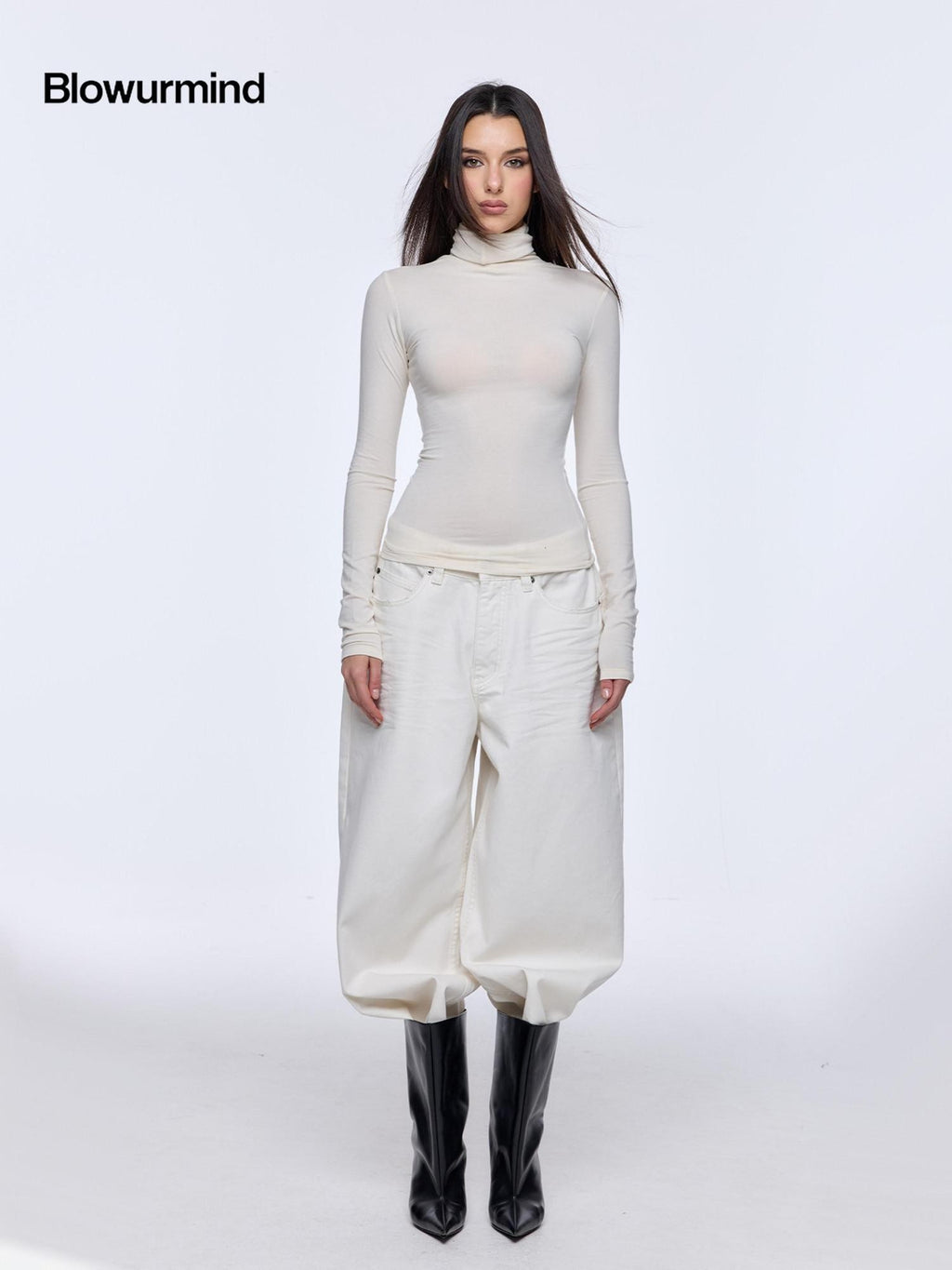 BUM STUDIO Beige Slim Cinched High Neck Women's Modal Wool Blend Long Sleeve T-shirts