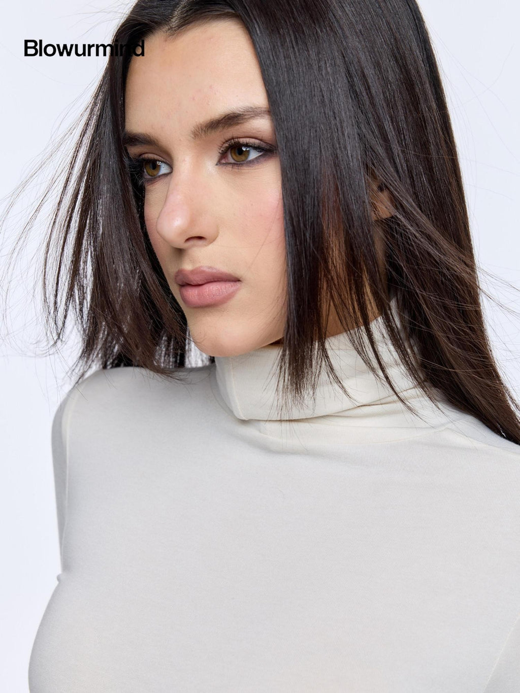 BUM STUDIO Beige Slim Cinched High Neck Women's Modal Wool Blend Long Sleeve T-shirts