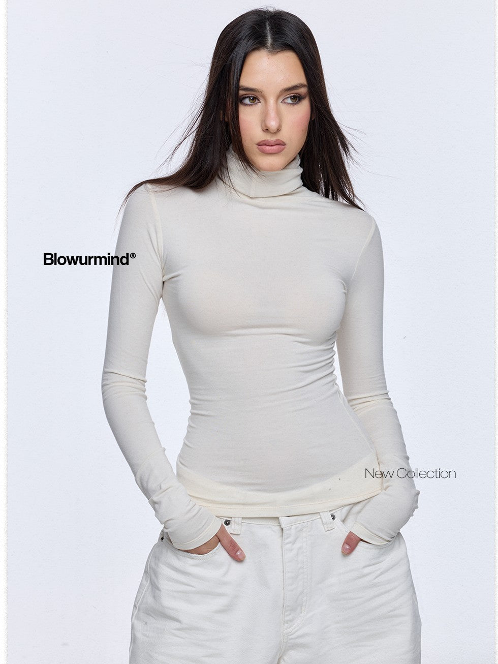 BUM STUDIO Beige Slim Cinched High Neck Women's Modal Wool Blend Long Sleeve T-shirts