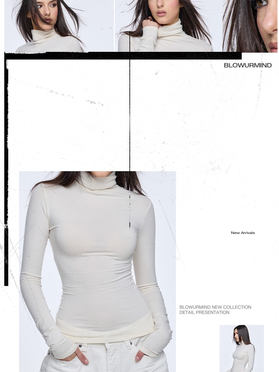 BUM STUDIO Beige Slim Cinched High Neck Women's Modal Wool Blend Long Sleeve T-shirts