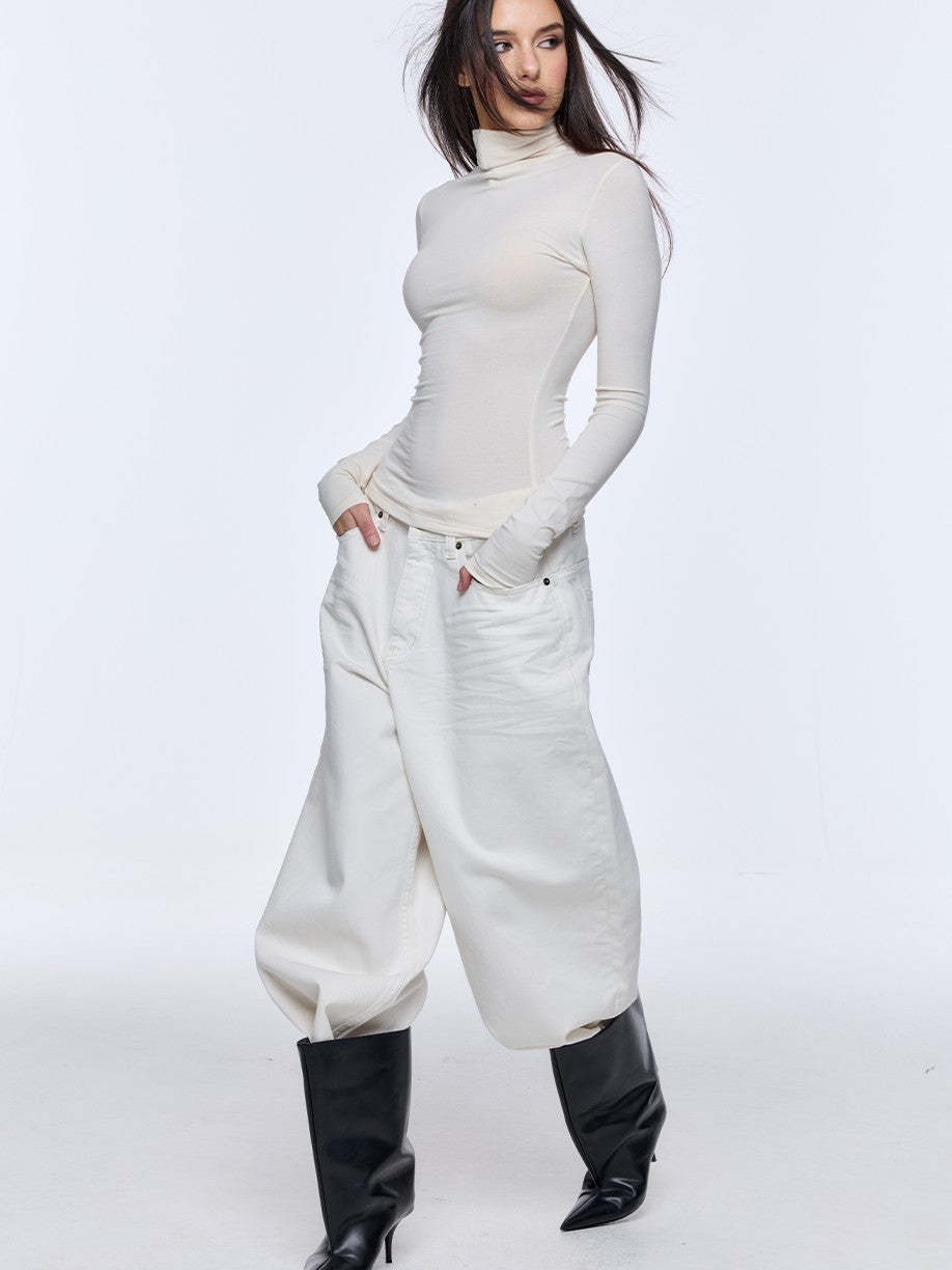 BUM STUDIO Beige Slim Cinched High Neck Women's Modal Wool Blend Long Sleeve T-shirts