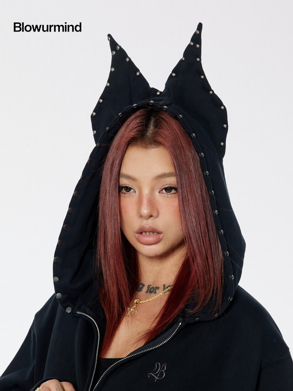 BUM STUDIO Black 3d Devil Ears Studs Women's Cotton Fleece Zip-up Hoodies
