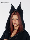 BUM STUDIO Black 3d Devil Ears Studs Women's Cotton Fleece Zip-up Hoodies