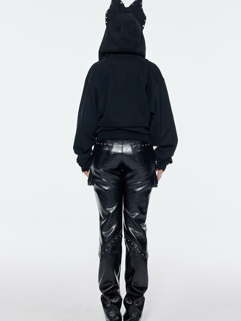 BUM STUDIO Black 3d Devil Ears Studs Women's Cotton Fleece Zip-up Hoodies