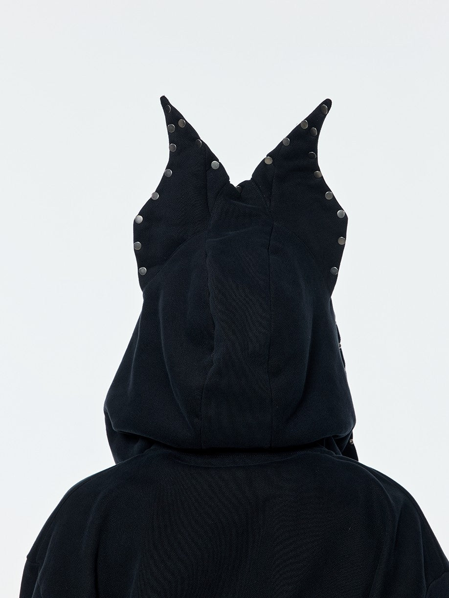 BUM STUDIO Black 3d Devil Ears Studs Women's Cotton Fleece Zip-up Hoodies