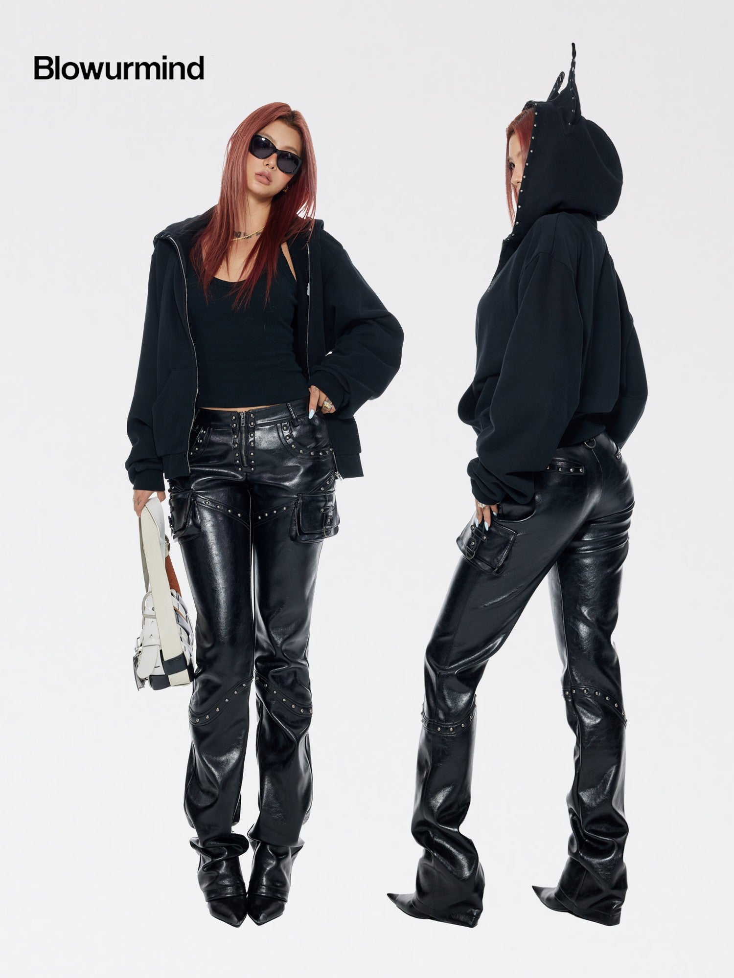 BUM STUDIO Black 3d Devil Ears Studs Women's Cotton Fleece Zip-up Hoodies