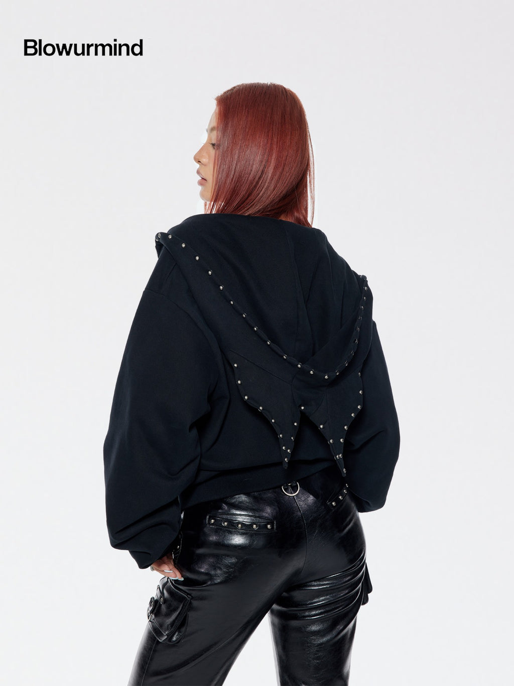 BUM STUDIO Black 3d Devil Ears Studs Women's Cotton Fleece Zip-up Hoodies
