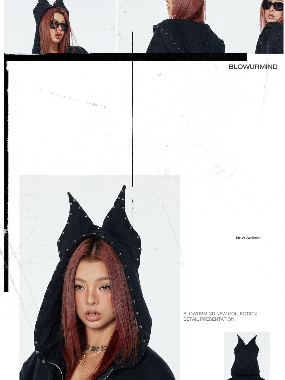 BUM STUDIO Black 3d Devil Ears Studs Women's Cotton Fleece Zip-up Hoodies