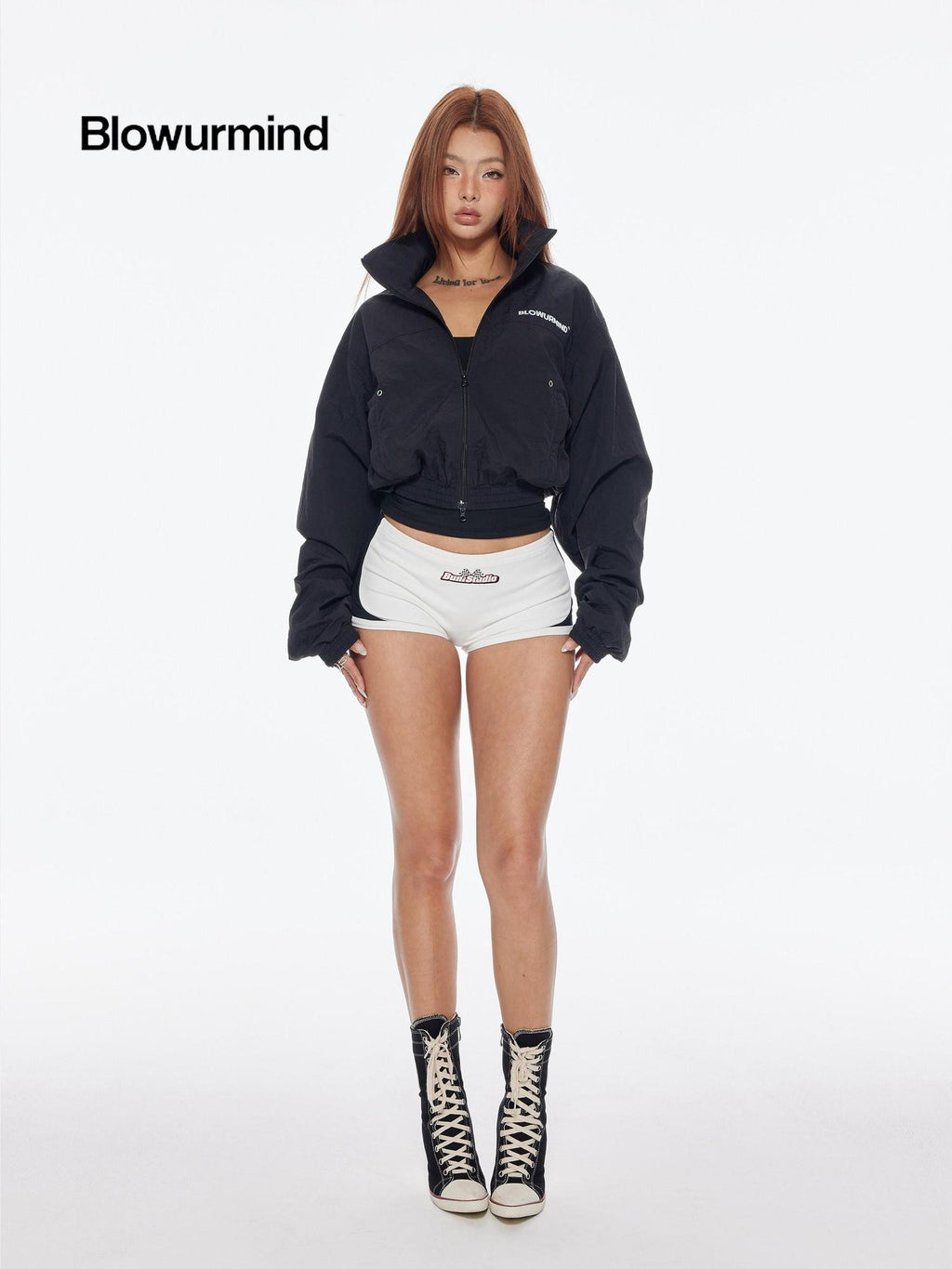 BUM STUDIO Black 3m Reflective Logo Waist Cinch Cropped Stand Collar Women's Windbreakers