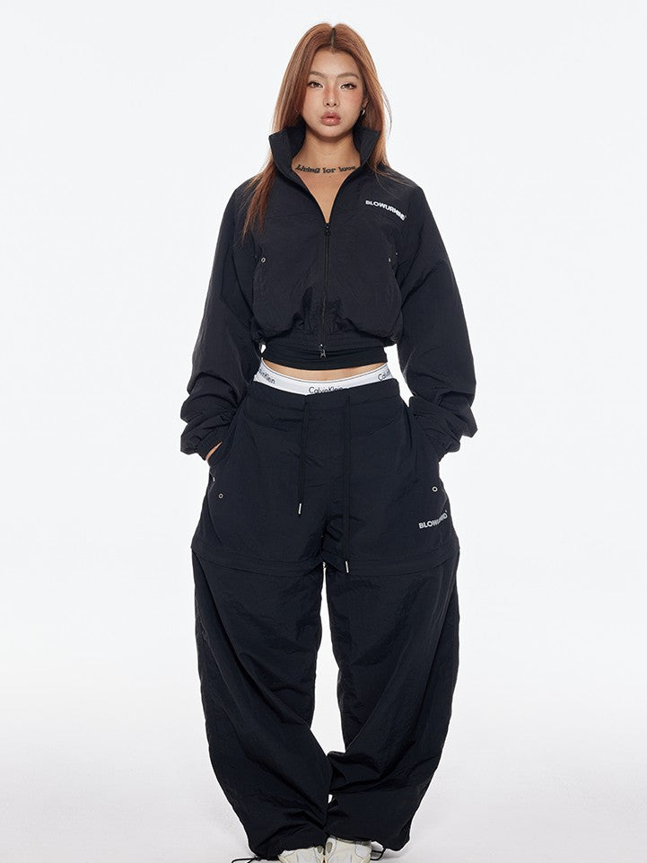 BUM STUDIO Black 3m Reflective Logo Waist Cinch Cropped Stand Collar Women's Windbreakers