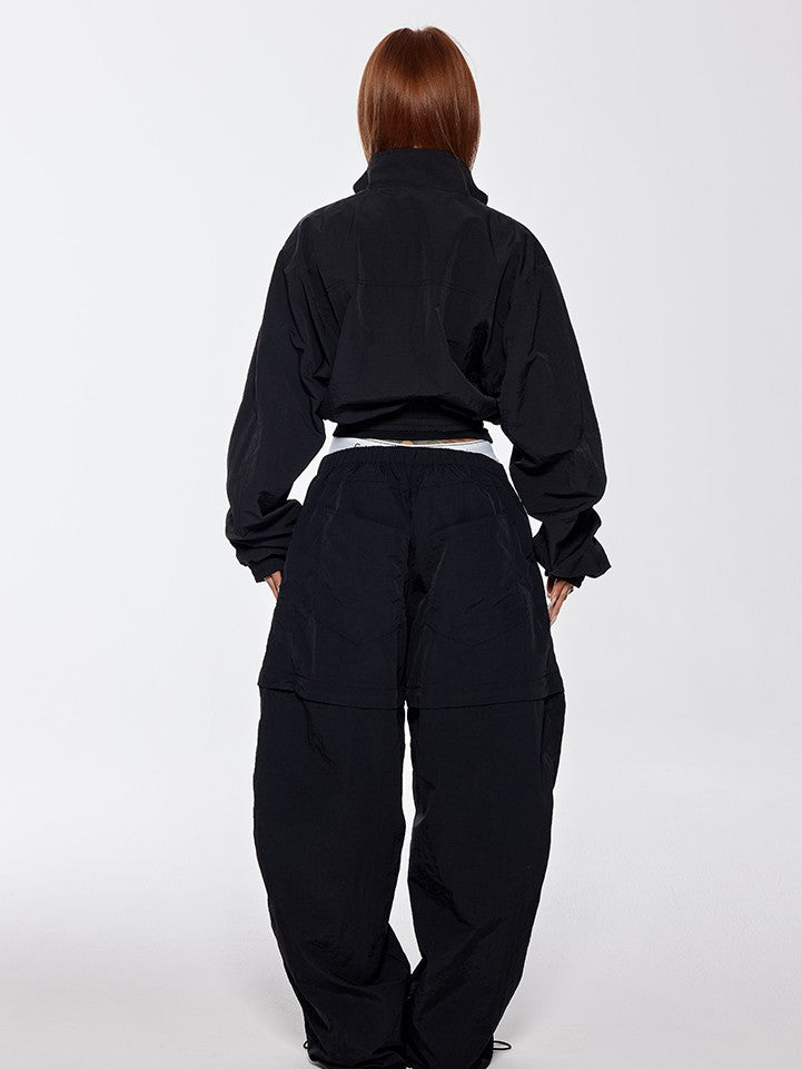 BUM STUDIO Black 3m Reflective Logo Waist Cinch Cropped Stand Collar Women's Windbreakers