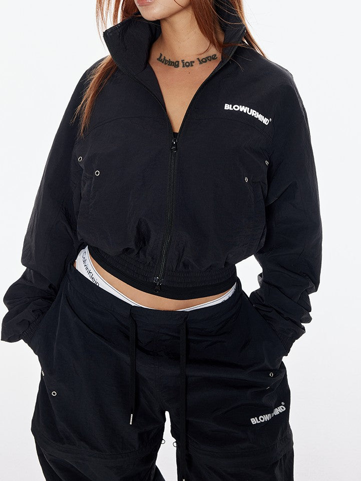 BUM STUDIO Black 3m Reflective Logo Waist Cinch Cropped Stand Collar Women's Windbreakers