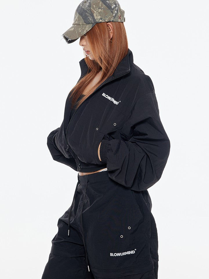 BUM STUDIO Black 3m Reflective Logo Waist Cinch Cropped Stand Collar Women's Windbreakers