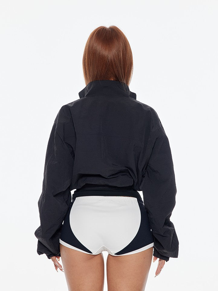 BUM STUDIO Black 3m Reflective Logo Waist Cinch Cropped Stand Collar Women's Windbreakers