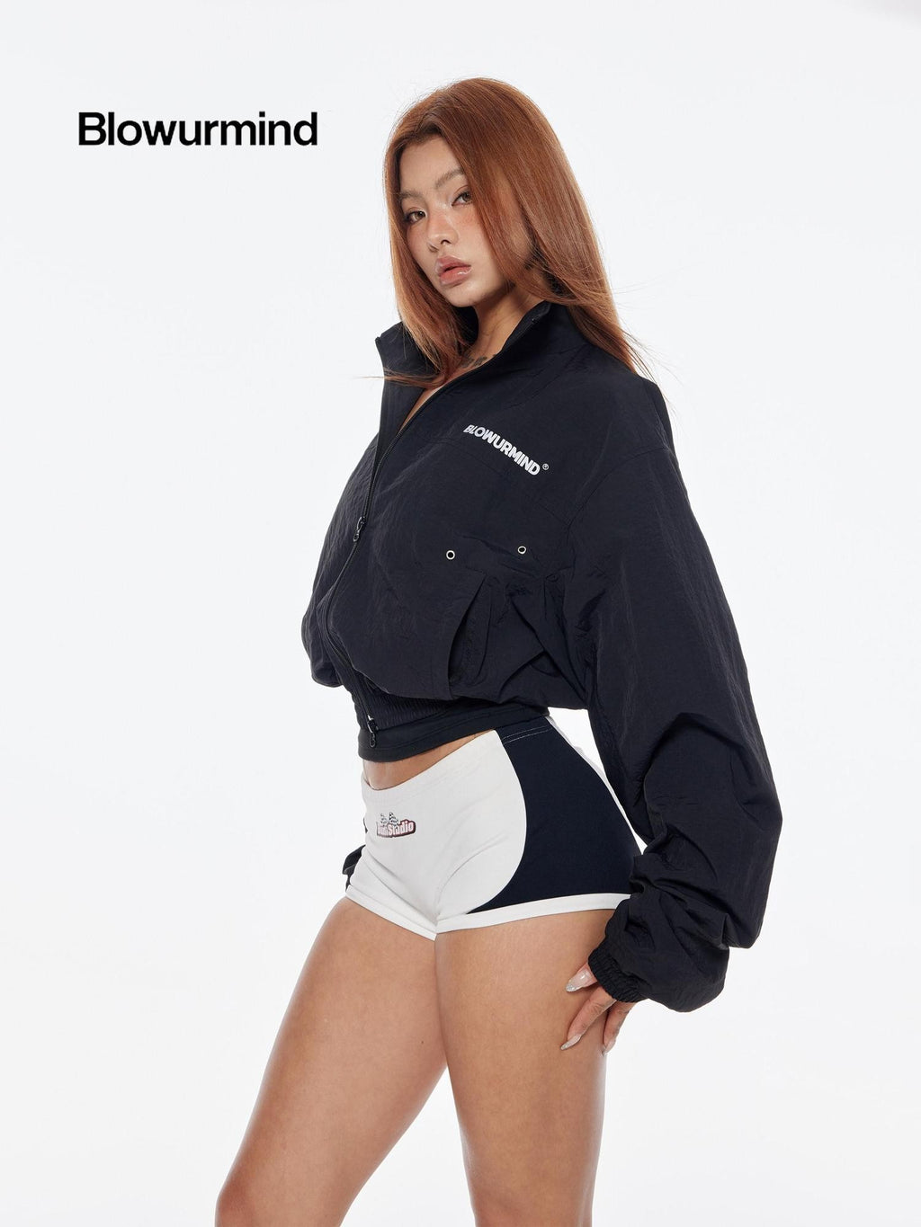 BUM STUDIO Black 3m Reflective Logo Waist Cinch Cropped Stand Collar Women's Windbreakers