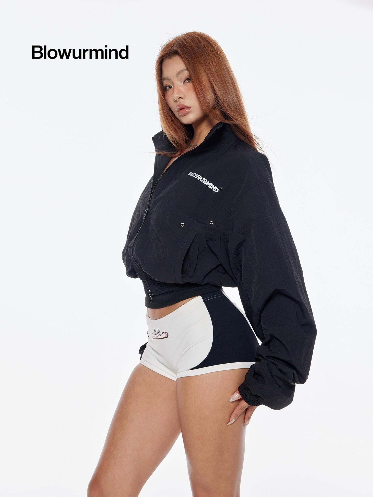 BUM STUDIO Black 3m Reflective Logo Waist Cinch Cropped Stand Collar Women's Windbreakers