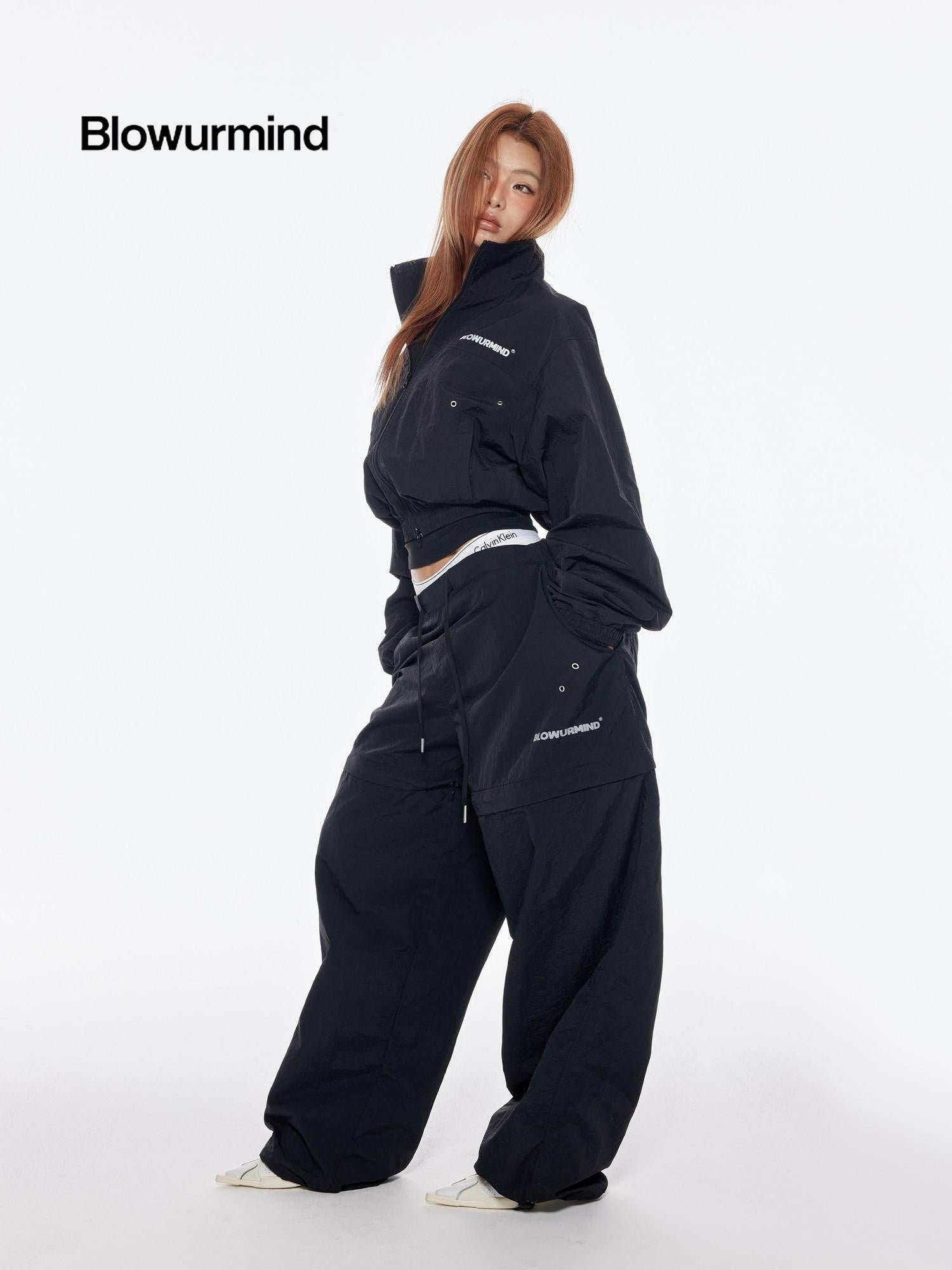 BUM STUDIO Black 3m Reflective Logo Waist Cinch Cropped Stand Collar Women's Windbreakers
