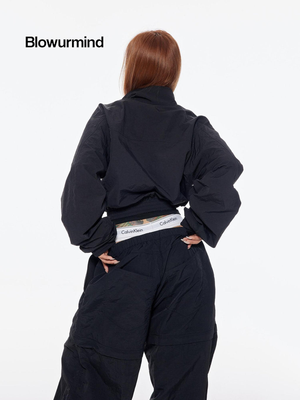 BUM STUDIO Black 3m Reflective Logo Waist Cinch Cropped Stand Collar Women's Windbreakers