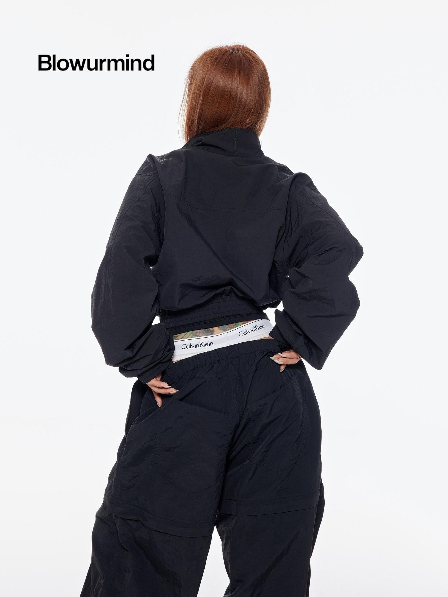 BUM STUDIO Black 3m Reflective Logo Waist Cinch Cropped Stand Collar Women's Windbreakers