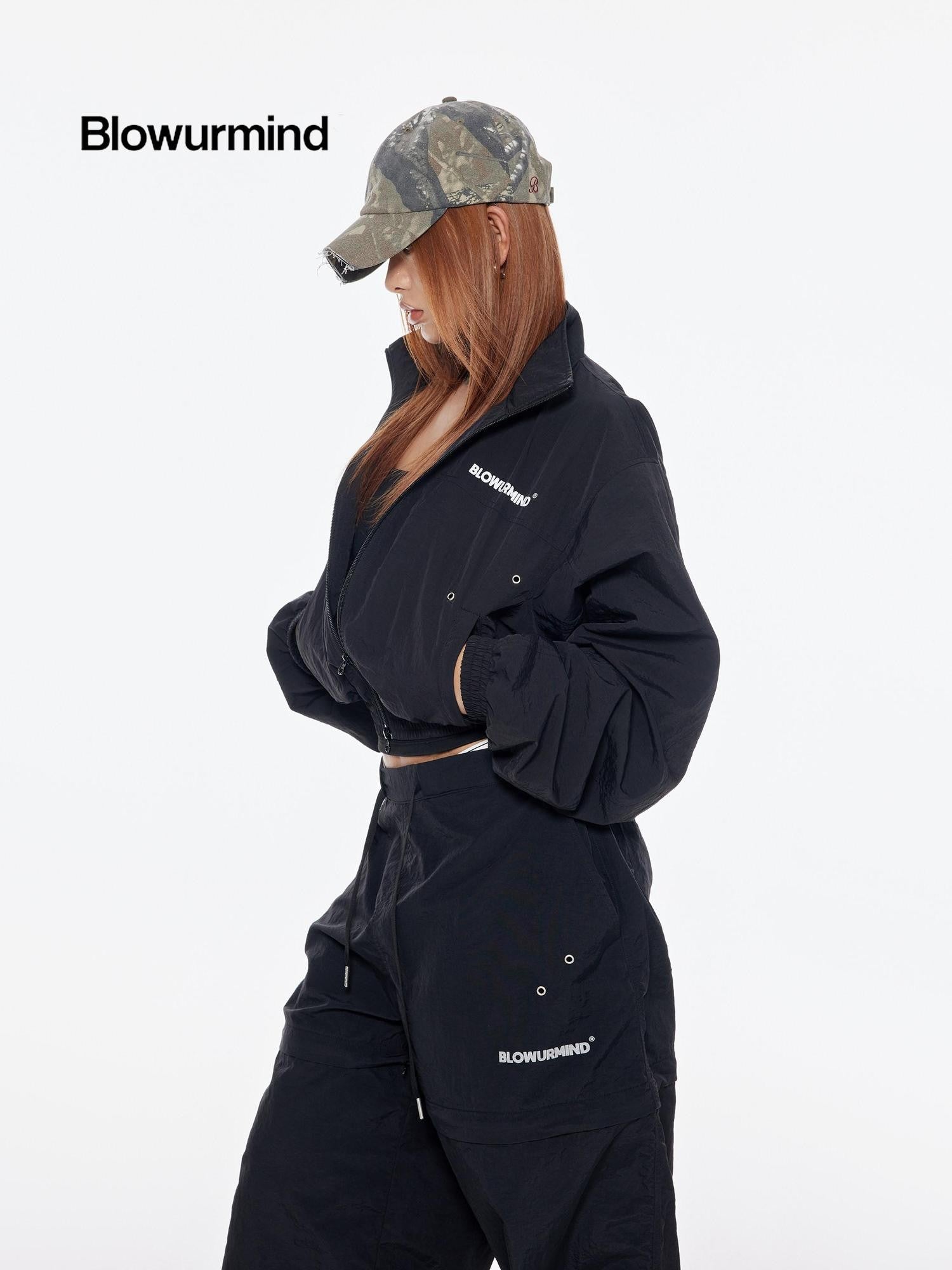 BUM STUDIO Black 3m Reflective Logo Waist Cinch Cropped Stand Collar Women's Windbreakers