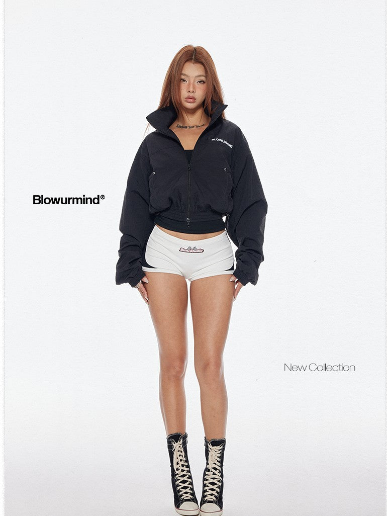 BUM STUDIO Black 3m Reflective Logo Waist Cinch Cropped Stand Collar Women's Windbreakers