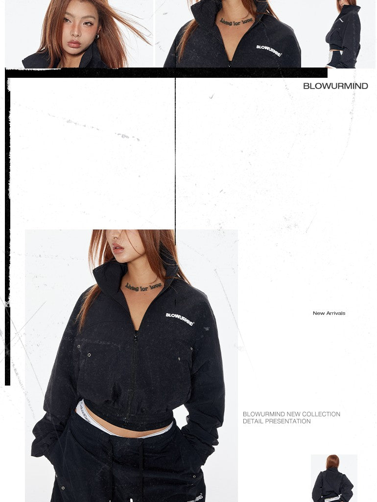 BUM STUDIO Black 3m Reflective Logo Waist Cinch Cropped Stand Collar Women's Windbreakers