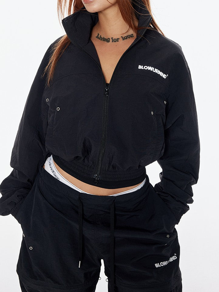 BUM STUDIO Black 3m Reflective Logo Waist Cinch Cropped Stand Collar Women's Windbreakers