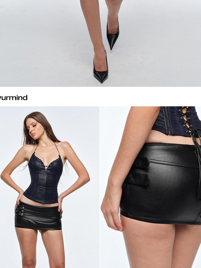 BUM STUDIO Black Coated Denim Low Rise Contouring Lined Women's Cotton Blend Mini Skirts