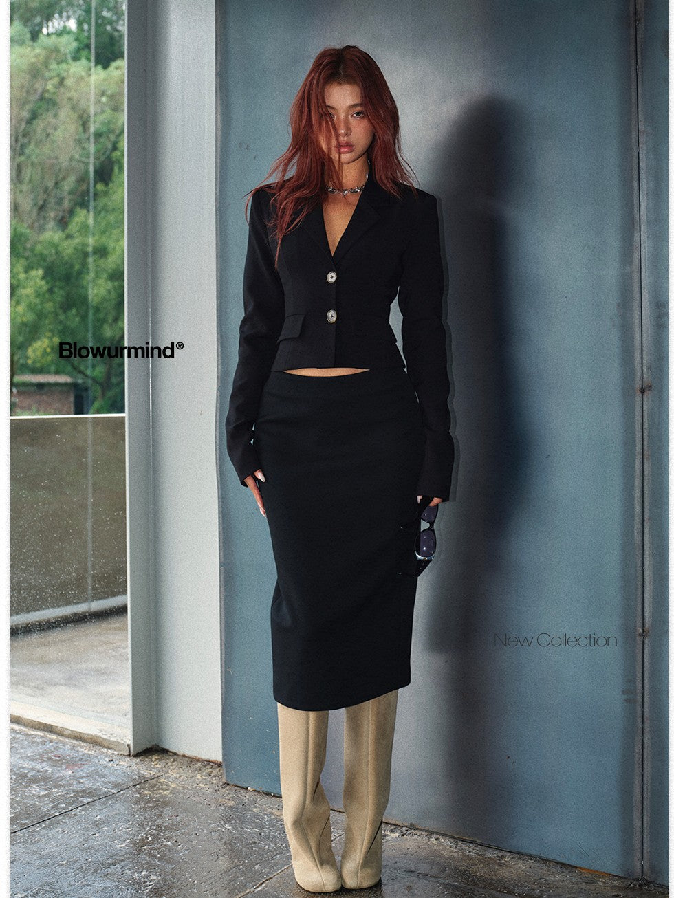 BUM STUDIO Black Collar Square Shoulders Waist Cinched Cropped Women's Poly Rayon Blazers