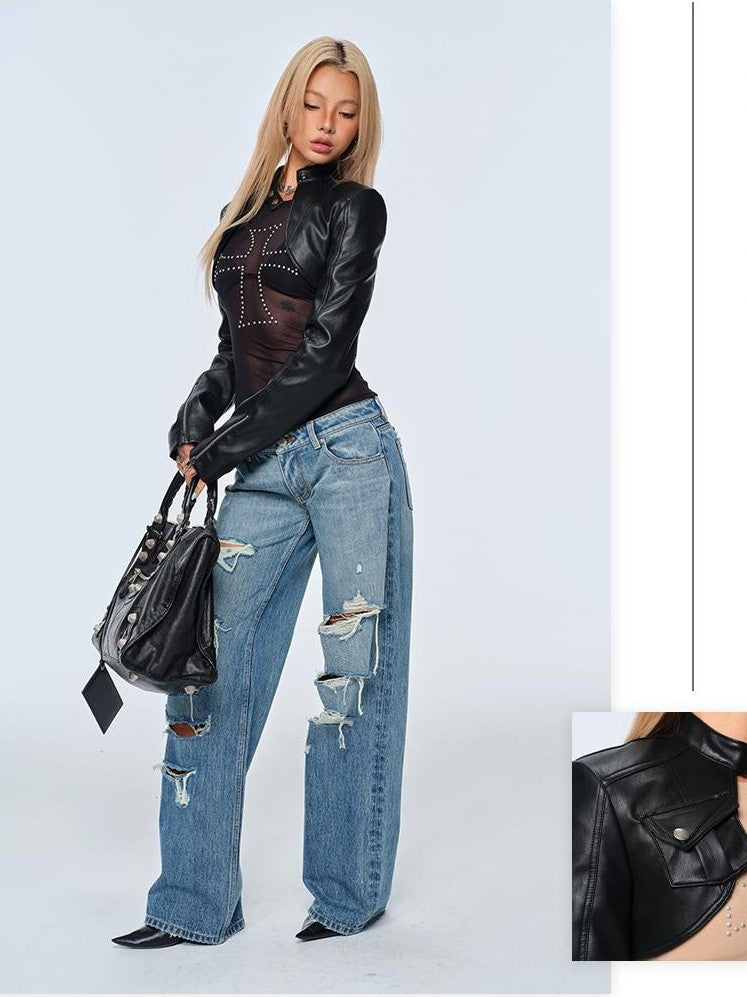 BUM STUDIO Black Cropped Stand Collar Slim Pu Women's Leather Jackets