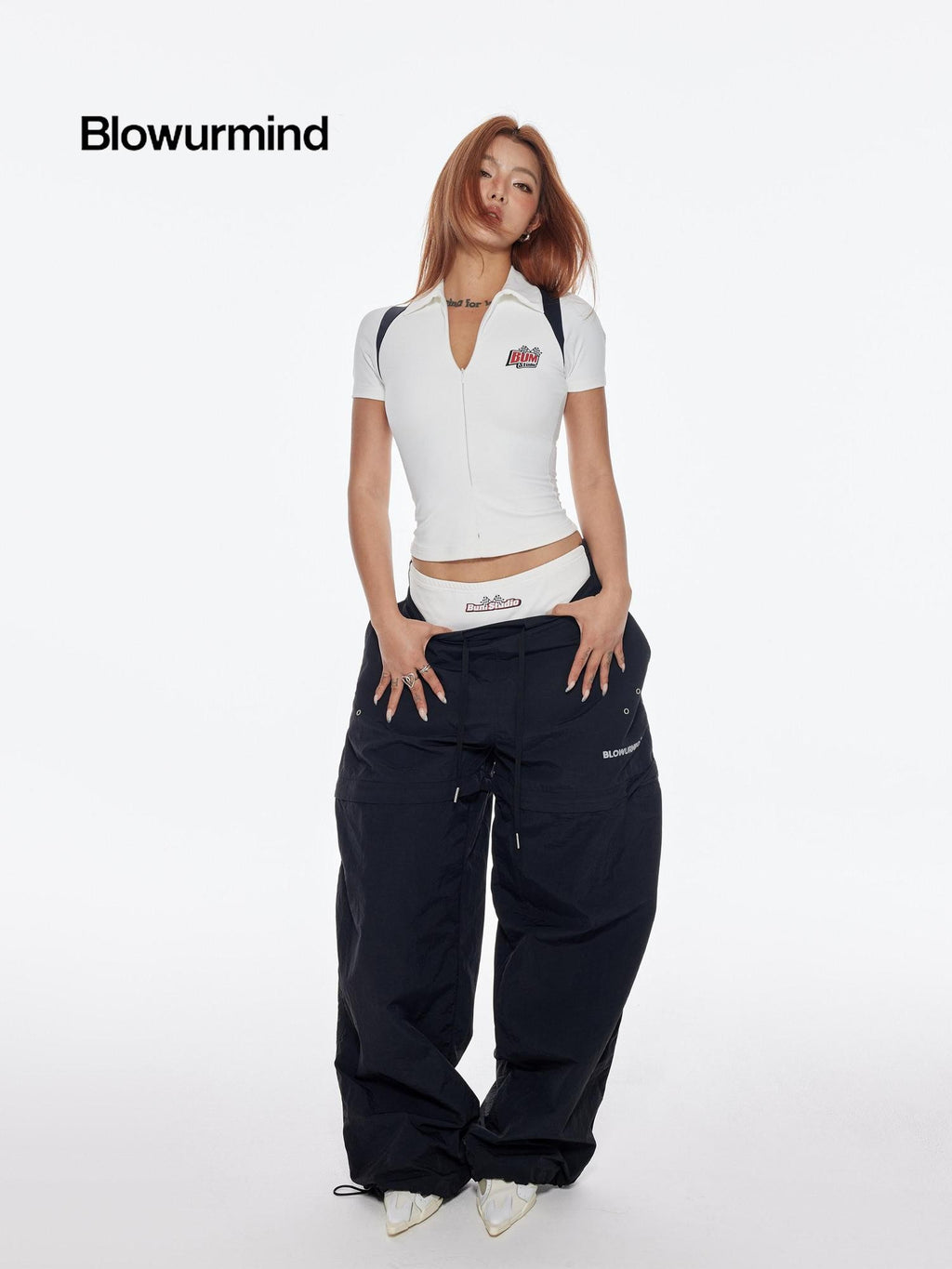 BUM STUDIO Black Detachable Layered Zip Cargo Reflective Women's Nylon Track Pants