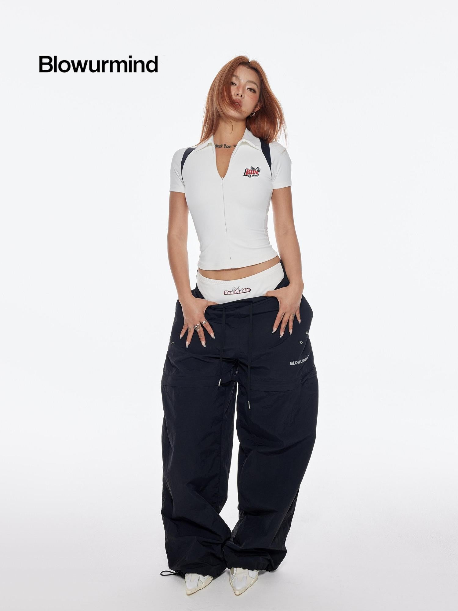 BUM STUDIO Black Detachable Layered Zip Cargo Reflective Women's Nylon Track Pants