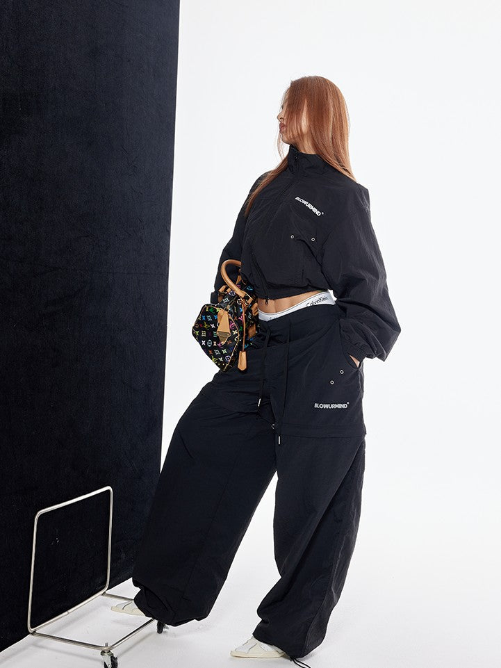 BUM STUDIO Black Detachable Layered Zip Cargo Reflective Women's Nylon Track Pants