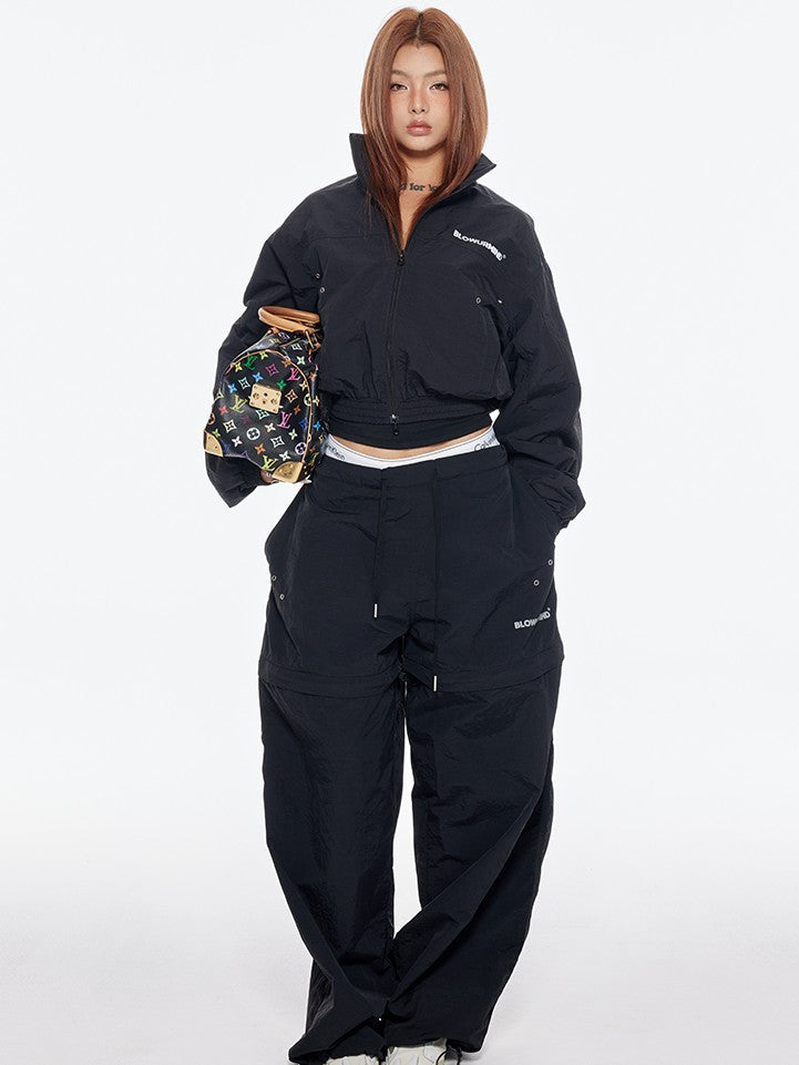 BUM STUDIO Black Detachable Layered Zip Cargo Reflective Women's Nylon Track Pants