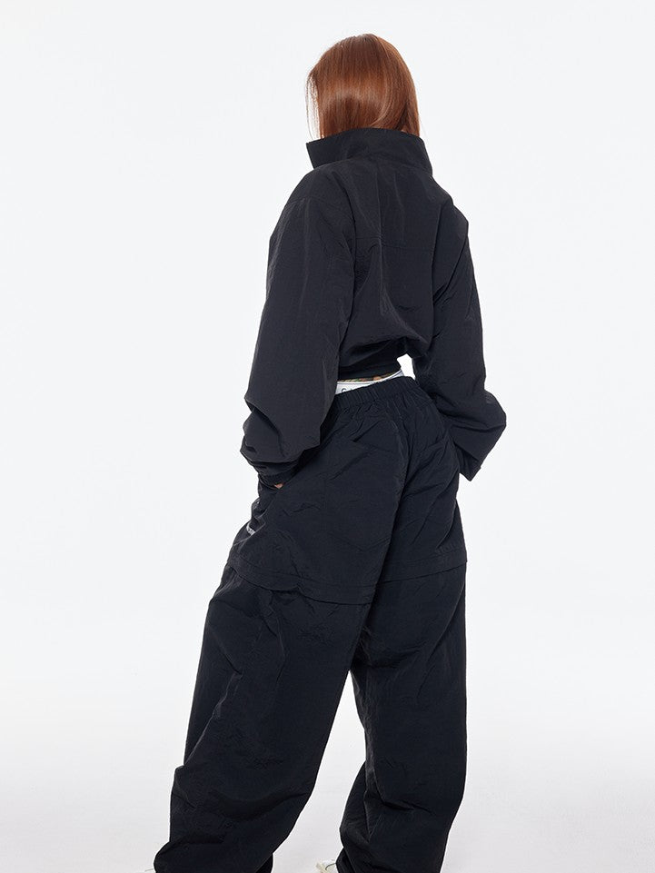 BUM STUDIO Black Detachable Layered Zip Cargo Reflective Women's Nylon Track Pants