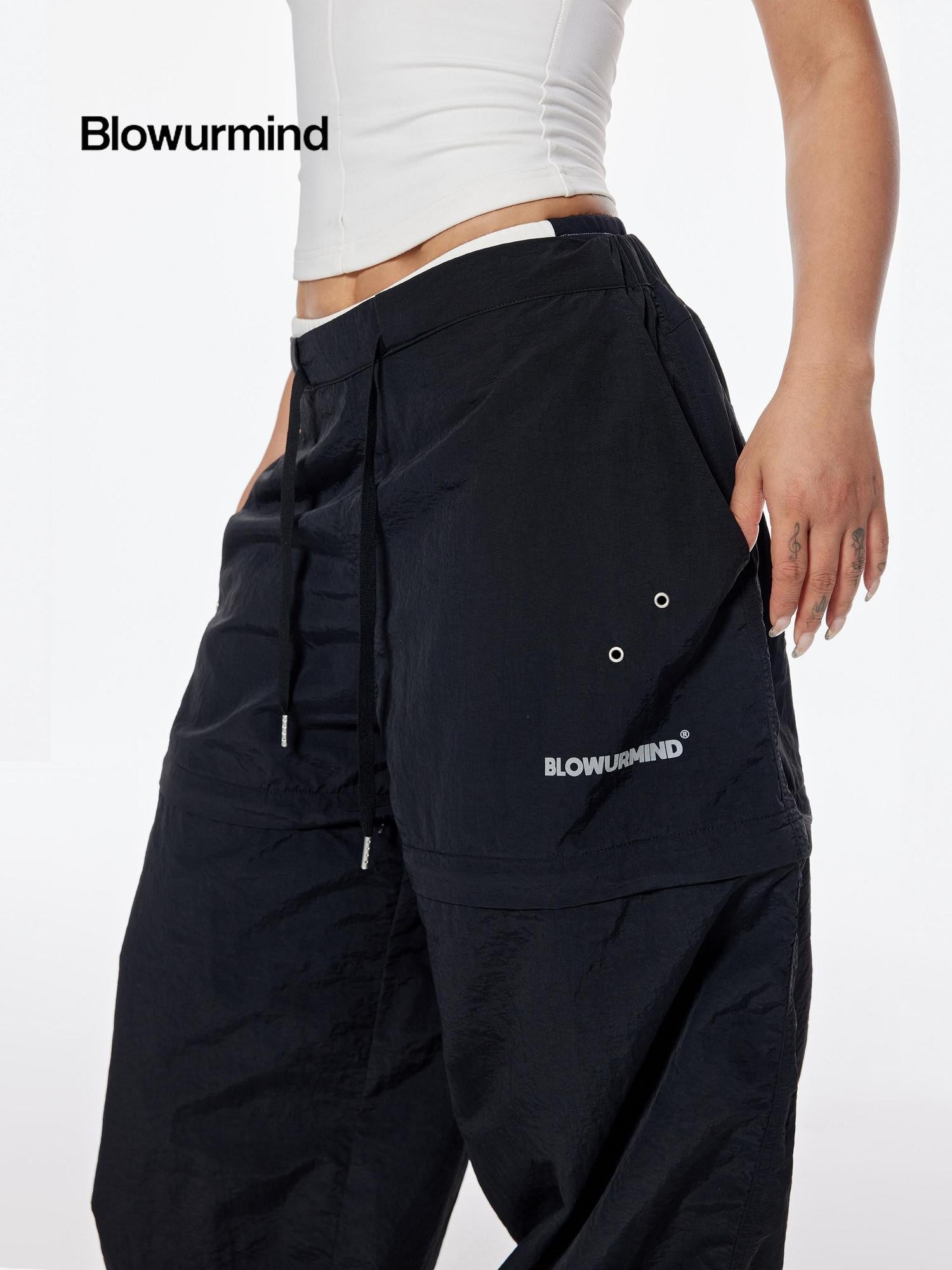 BUM STUDIO Black Detachable Layered Zip Cargo Reflective Women's Nylon Track Pants