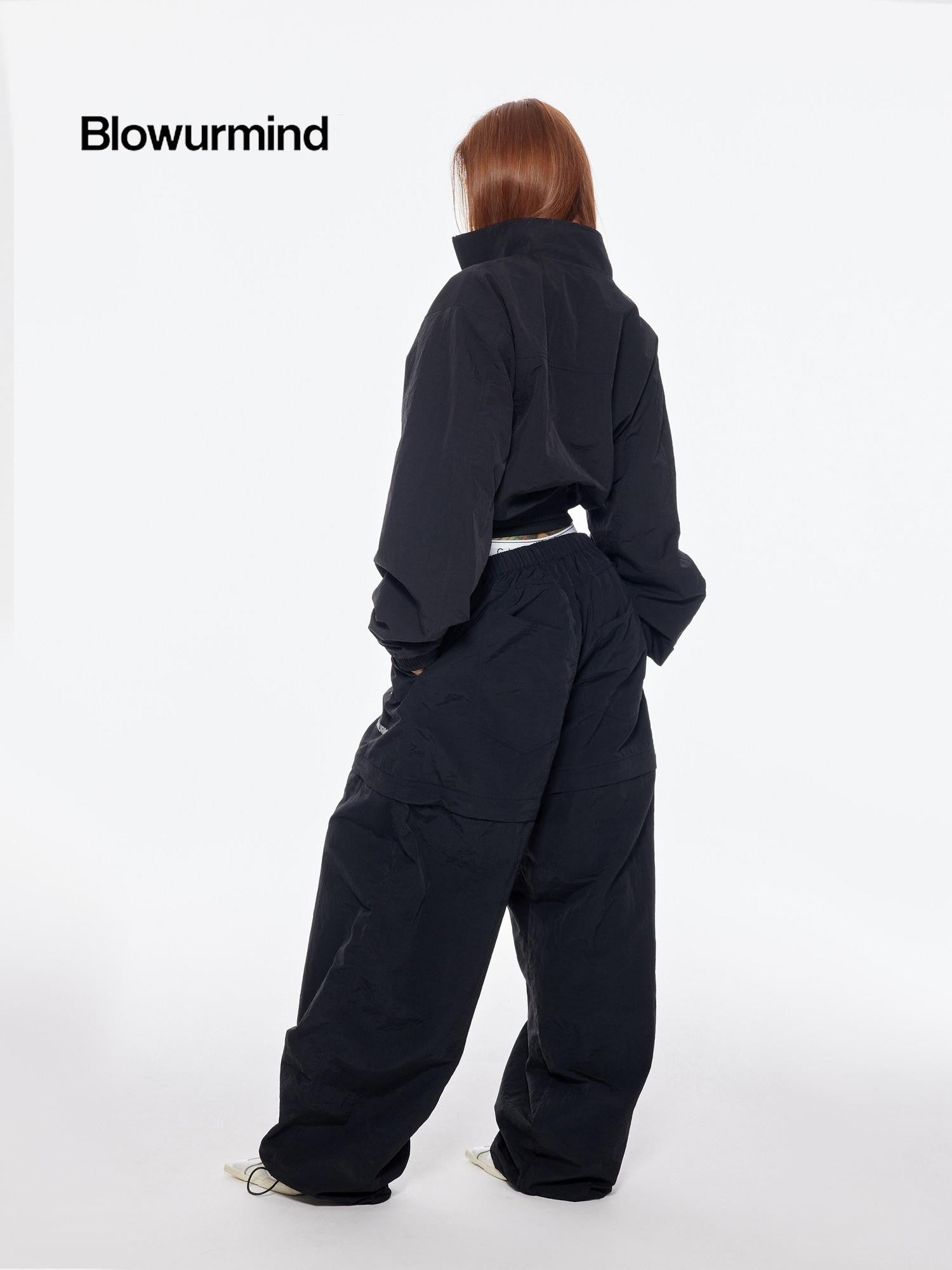 BUM STUDIO Black Detachable Layered Zip Cargo Reflective Women's Nylon Track Pants