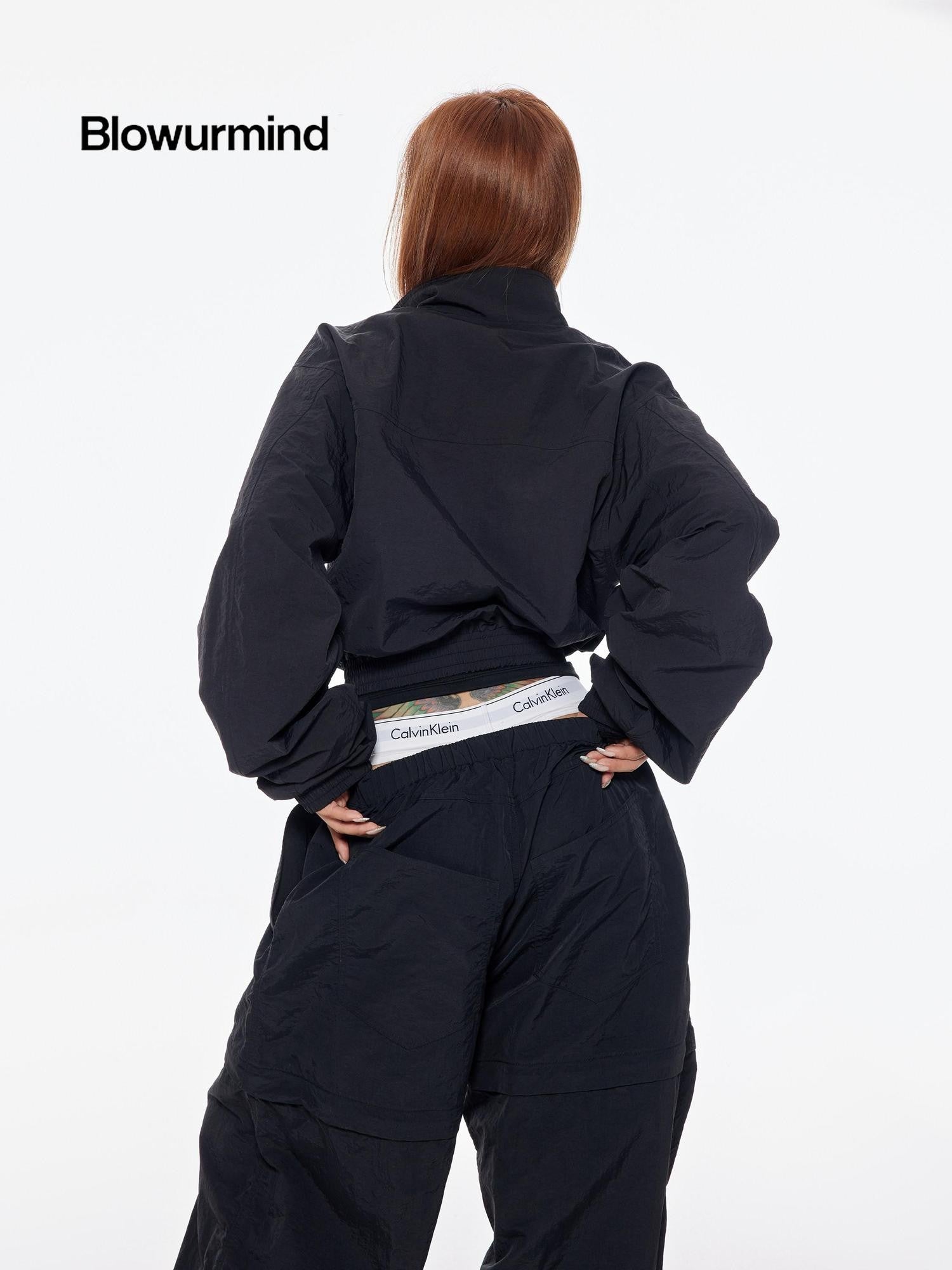 BUM STUDIO Black Detachable Layered Zip Cargo Reflective Women's Nylon Track Pants
