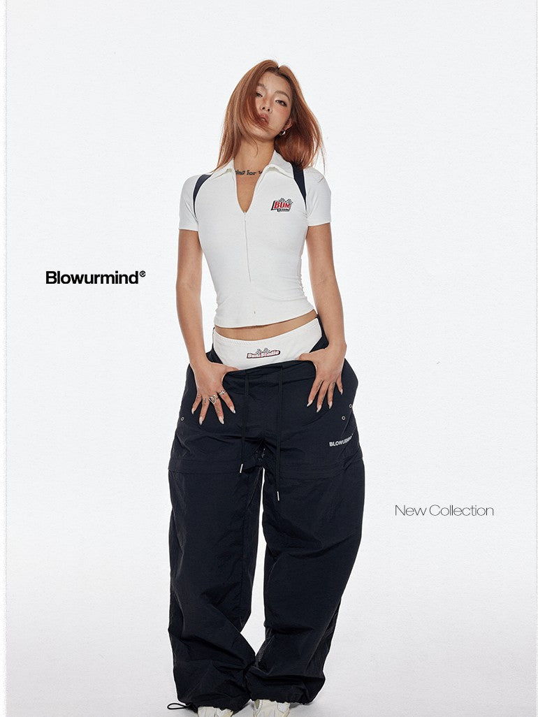 BUM STUDIO Black Detachable Layered Zip Cargo Reflective Women's Nylon Track Pants