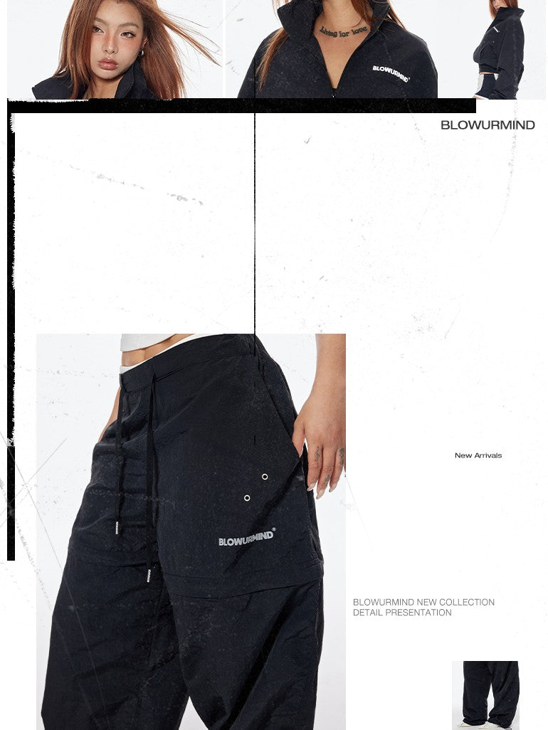 BUM STUDIO Black Detachable Layered Zip Cargo Reflective Women's Nylon Track Pants