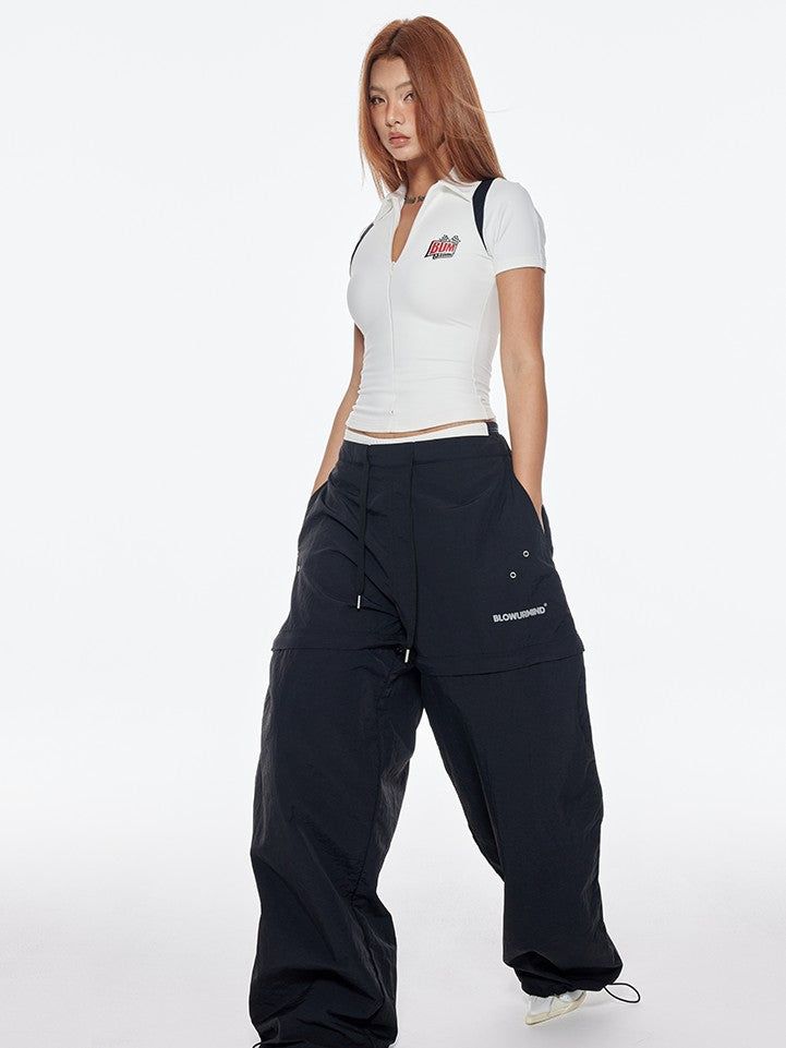 BUM STUDIO Black Detachable Layered Zip Cargo Reflective Women's Nylon Track Pants