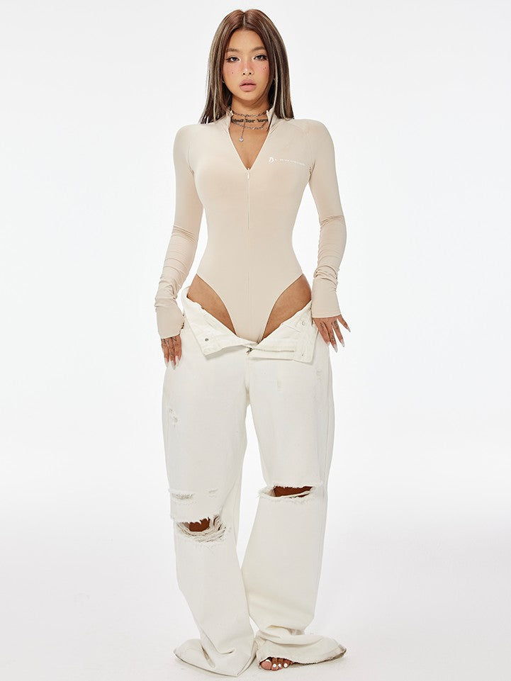 BUM STUDIO Black Double Layer Sculpting High Waist Zipper Women's Nude Feel Basic Bodysuits