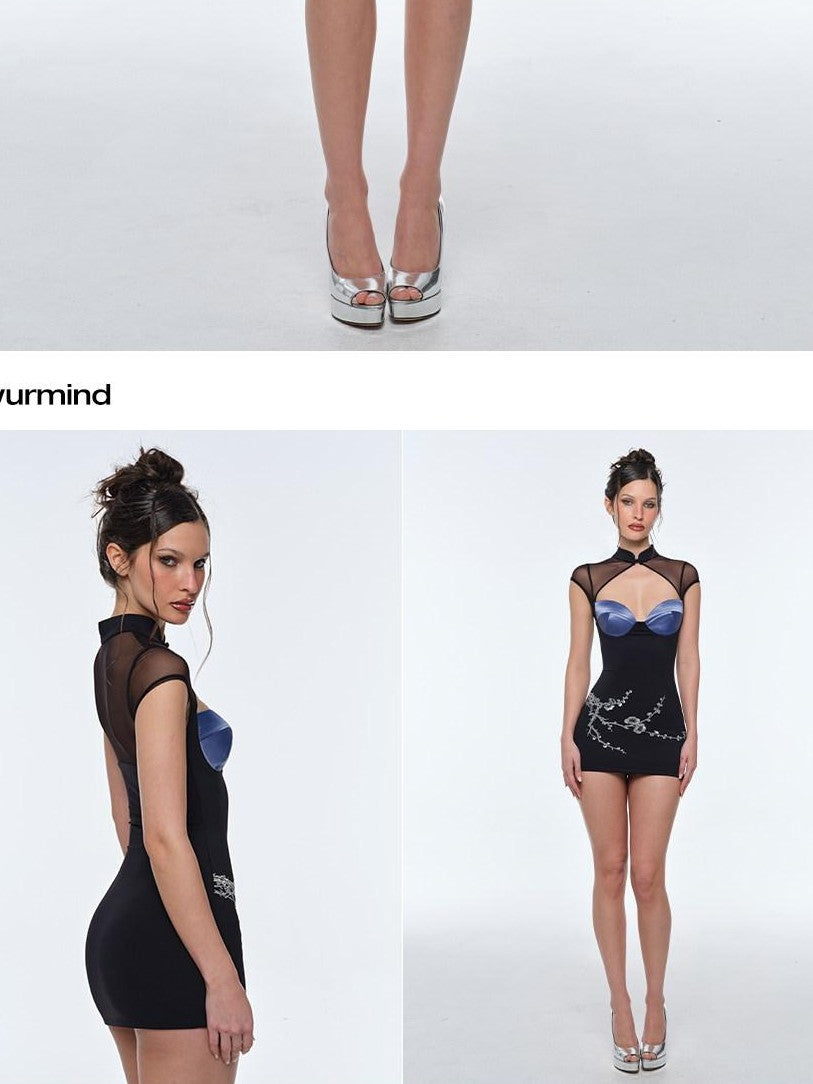 BUM STUDIO Black Embroidered Duallayer Waist Cinch Padded Women's Nylon Bodycon Mini Dresses