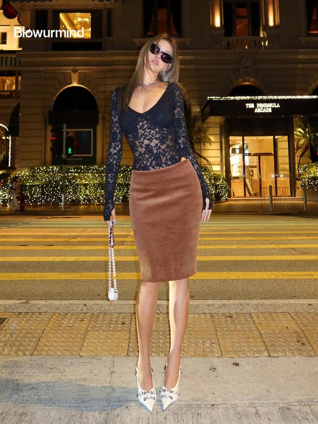 BUM STUDIO Black Lace Spliced High Waist Long Pants Wide Leg Women's Nylon Lace Bodysuits