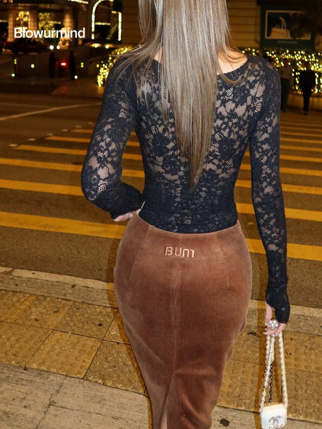 BUM STUDIO Black Lace Spliced High Waist Long Pants Wide Leg Women's Nylon Lace Bodysuits