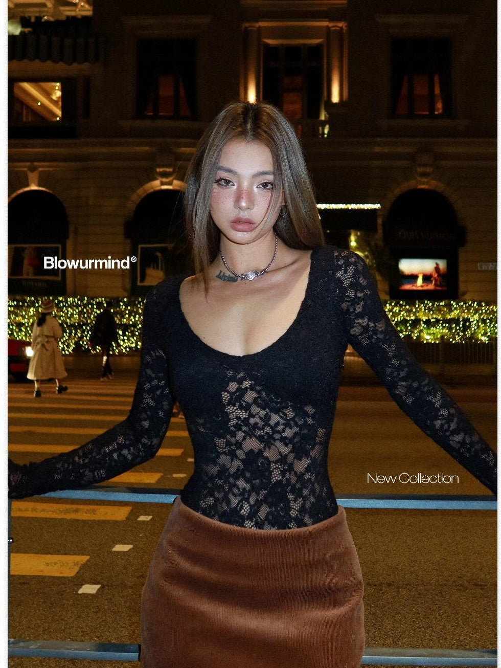 BUM STUDIO Black Lace Spliced High Waist Long Pants Wide Leg Women's Nylon Lace Bodysuits