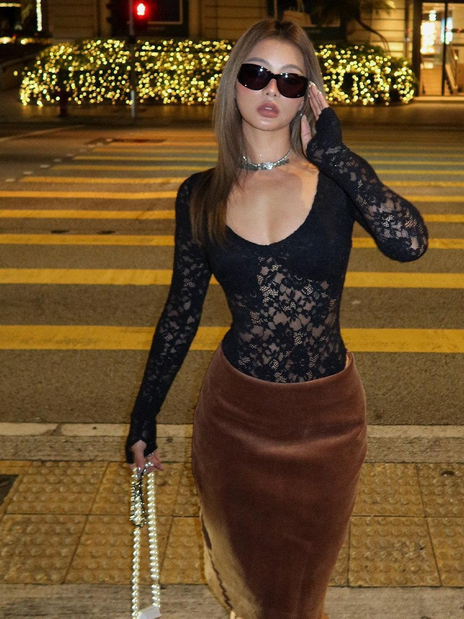 BUM STUDIO Black Lace Spliced High Waist Long Pants Wide Leg Women's Nylon Lace Bodysuits