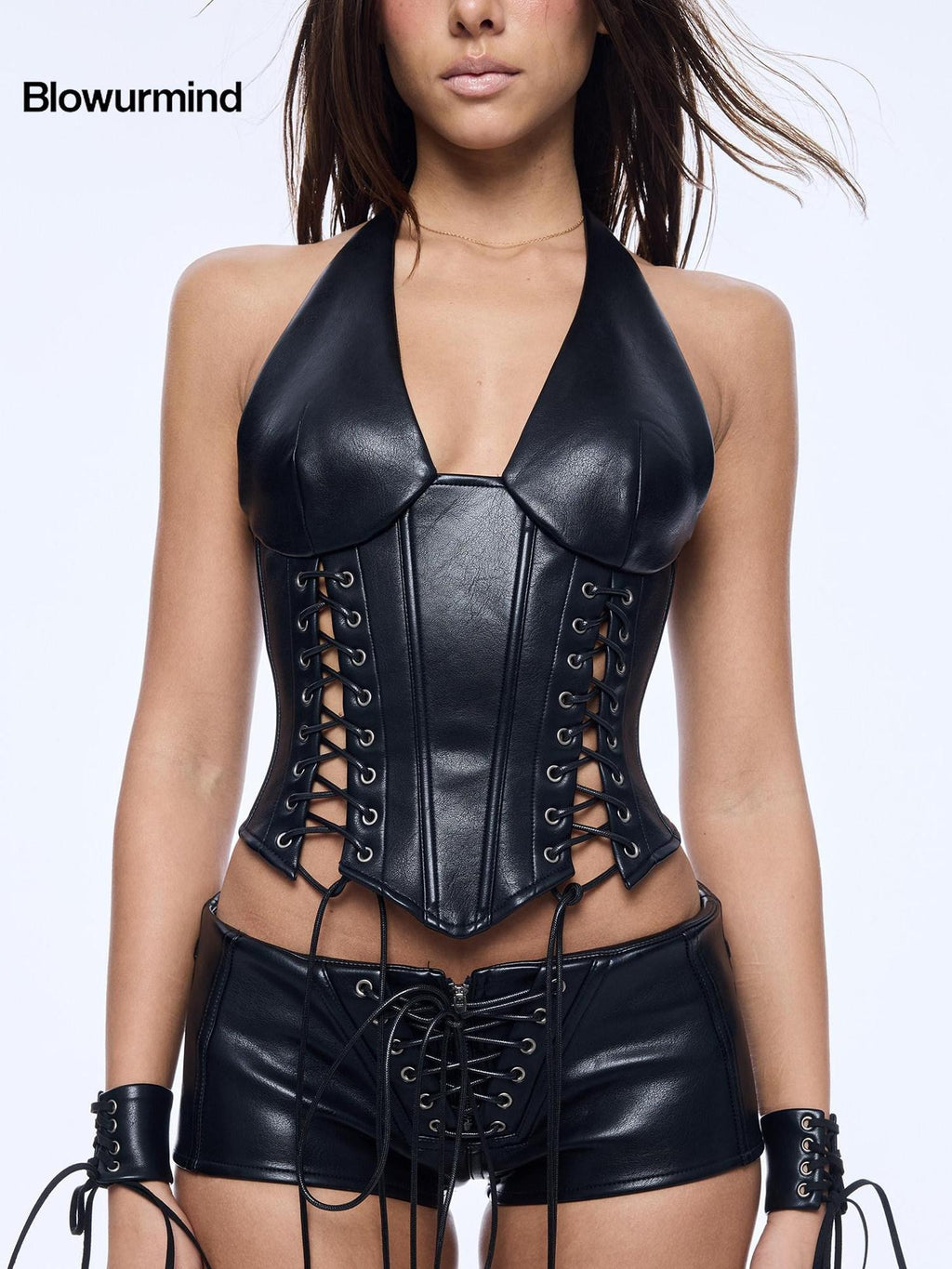 BUM STUDIO Black Padded Cutout Lace Up Boned Waist Cinch Women's Leather Halter Tops